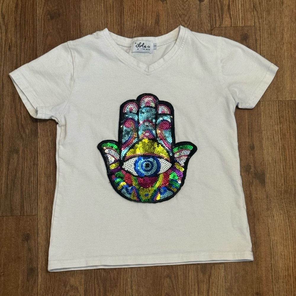 Lola + The Boys Hamsa Girls Kids Evil Eye Sequin White V-Neck Tee Shirt Size 8